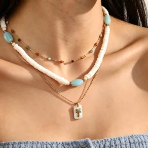 Bohemian Summer Beach Waterproof Jewelry Bead Chain Necklace Hypoallergenic 18K Gold Plated Stainless Steel Layering Necklace