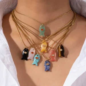 Bohemian Summer Cute Natural Stone Fish Stainless Steel Chain Beach Necklace Fashion Waterproof Jewelry for Women