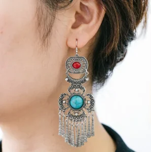 Bohemian Tassel Earrings Vintage Ethnic Dangle Alloy Resin Stone Long Fringe Drop for Women Fashion Jewelry