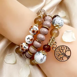 Bohemian Trendy Multi Layer Bracelet With Gold Plated Life Tree Pendant Glass Ceramic Bead and Unique Niche Design for Party