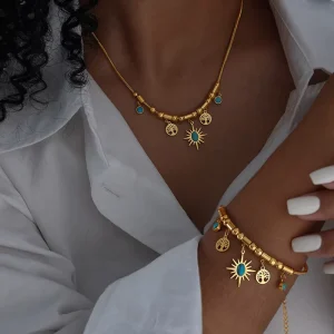Bohemian Turquoise Pendants Necklace 18k Gold Plated Women Jewelry Non Tarnish Stainless Steel
