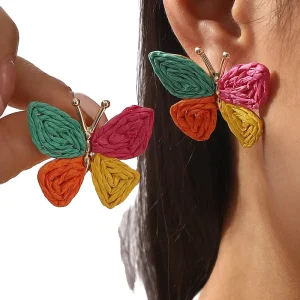 Bohemian Vacation Handmade Woven Zinc Alloy Drop Earrings Colorful Butterfly Gifts for Women