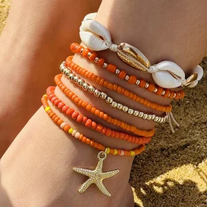 Bohemian Vacation Style Shell Bead Woven Bracelet Beach Style Starfish Rice Bead Seven Piece Set Anklet N25205