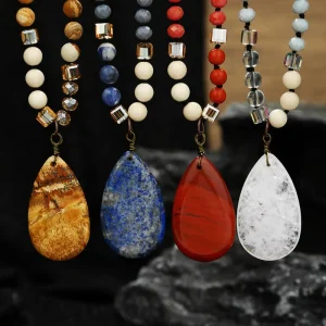 Bohemian Vintage Style Women’s 8mm Natural Stone Crystal Glass Knot Gold & Rhodium Plated Beads Chain Drop Pendant Necklace