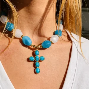 Bohemian Vintage Turquoise Blue Beaded Necklace Gold Cross Pendant Choker Summer Beach Jewelry Fashion Accessories