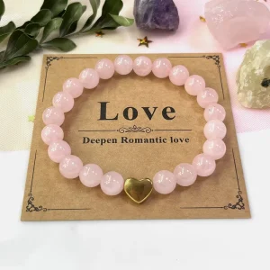 Bohemian Women’s Fashion Charm Jewelry Handmade Stainless Steel Heart Charm 8mm Genuine Rose Quartz Stone Bracelet for Birthday