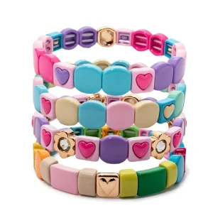 Bohemian Zinc Alloy Elastic Enamel Bracelet Colorful Heart Tile Beads Stacked Bangles for Women