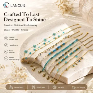 Boho 18K Gold Plated 316L Stainless Steel Turquoise Daisy Flower Beaded Chain Bracelet for Women Summer Beach Gift