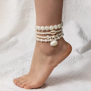 Boho 4Pcs Set Boho Shell Pearl Anklet Set Elastic Beaded Starfish Turquoise Ankle Bracelet for Women Beach Jewelry