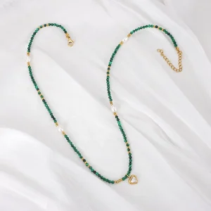 Boho Aesthetic Malachite Freshwater Pearl Heart Necklace Waterproof PVD Gold Plated Tarnish Free Jewelry Gift