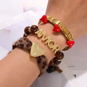 Boho Chic Love Theme Wrist Accessories Vintage Amber Bead Stretch Bracelet Punk Style Red Heart Metal Link Bracelet PartyJewelry