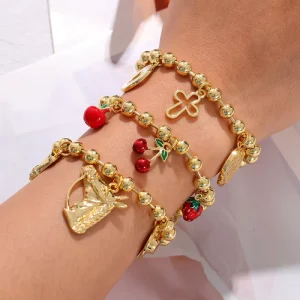 Boho Chic Lucky Charm Bracelet Stack Vintage Gold Bead Bracelets with Red Strawberry Horse & Letter Pendants for Daily Wear
