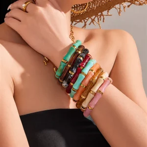 Boho Colorful Resin Bamboo Bangle 316L Stainless Steel 18K Gold Plated Tube Bracelet Waterproof Tarnish Free Summer Jewelry