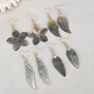Boho Cultural Hawaiian Dangle Earrings Handmade Natural Sea Shell Carved Wing Leaf Flower Design Gold Hooks Fashion