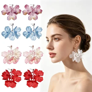 Boho Fabric Flower Drop Earrings Large Statement Chiffon Floral Dangle Earrings For Women Summer Beach Vacation Jewelry