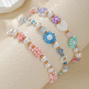 Boho Gold Plated White Pearl and Crystal Beaded Flower Bracelets for Women