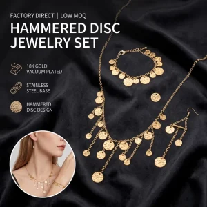 Boho Hammered Coin Fringe Necklace Earring Bracelet Jewelry Set Trending Non Tarnish Stainless Steel Low MOQ for Women