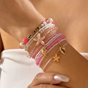 Boho Hawaiian Colorful Stackable Bracelet Set Multilayer Seed Bead Pearl Plumeria Starfish Shell Charm Women Beach Jewelry Bulk