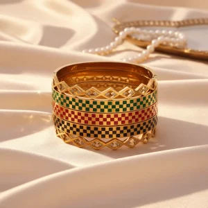 Boho Ins Fashion Stainless Steel Chessboard Pattern Buckle Bangles Tarnish Free Enamel Layered Bracelet Women Jewelry