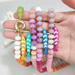 Boho Jewelry Summer Fashion Rainbow Gemstone Handmade Natural Stone Beaded Fish Pendant Necklace for Women