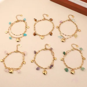 Boho Layered Paperclip Link Chain Bracelet with Natural Crystal Heart Charm 316L Stainless Steel 18K Gold Plated Dainty Bracelet