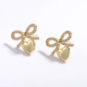 Boho Luxury 18K Gold Plated Copper Brass Cute CZ Decorative Heart Stud Earrings Trendy for Women