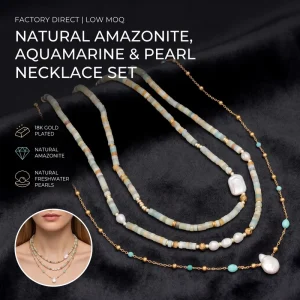 Boho Natural Square Amazonite Aquamarine Baroque Pearl 18K Gold Plated Stainless Steel Tarnish Free Healing Necklace