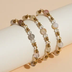 Boho Natural Stone Mixed Crystal Bead Layered Station Chain 18K Vacuum Plated Stainless Steel Waterproof Bracelet Women