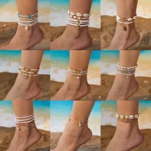 Boho Pearl Starfish Anklet Bracelet Alloy Beaded Chain Beach Jewelry Ankle Chain for Women Summer Travel Gift