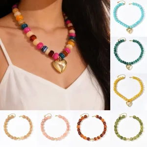 Boho Rainbow Multicolor Resin Beads Necklace with Big Heart Pendant