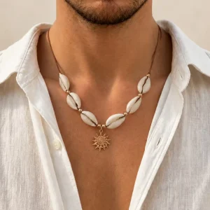 Boho Shell Beaded Sun Pendant Leather Cord Necklace for Men Vintage Adjustable Choker Collar Accessories Jewelry Gift