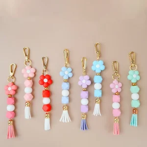 Boho Silicone Beaded Bracelet Accessories DIY Cartoon Flower Charms Tassels Keychain Pendant Bag Pendant Small Accessories