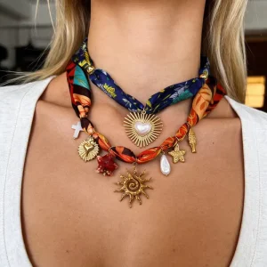 Boho Silk Scarf Necklace with Gold Sun Heart Star Charms Vintage Layered Statement Jewelry