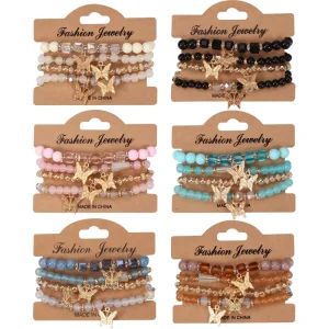 Boho Stackable Handmade Bracelets for Women Jewelry Gift Multilayer Colorful Butterfly Crystal Charm Beaded Bracelets