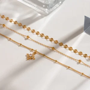 Boho Stackable Layered Necklace Stainless Steel Gold Plated 3-in-1 Star Pendant Multi-Strand Chain for Daily Wear & Party