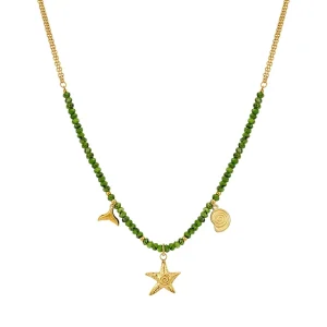 Boho Stainless Steel Beaded Charm Necklace Waterproof PVD Gold Plated Green Natural Stone Starfish Shell Whale Tail Necklace