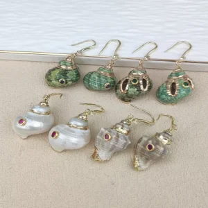 Boho Style Genuine Seashell Pendant Earrings Natural Conch Scallop Shell Earrings Handmade Zircon Inlaid Jewelry Gifts for Women