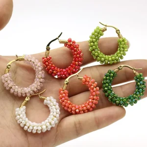 Boho Style Stainless Steel PVD Gold Plated Wire Wrapped Earrings Handmade Glass Bead Hoops Earrings
