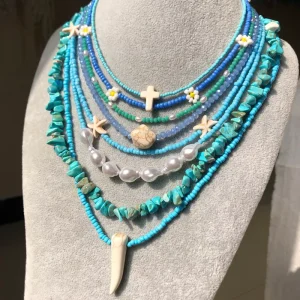 Boho Summer Jewelry for Women Handmade Blue Crystals Seed Beads Necklace Natural Turquoise Jewelry Cross Necklace Stack