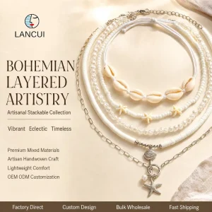 Boho Summer Tropical White Clay Beads Shell Starfish Pearl 5 Strand Choker Fashion Jewelry Necklaces Fashion Pendant Set