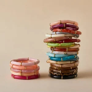 Boho Thin Bamboo Curved Tube Bracelets for Women Colorful Resin Stretchy Stack Bracelet Bangles