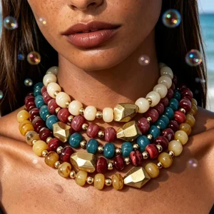 Boho Tropical Multilayer Bib Necklace with Amber Mixed Oval Beads