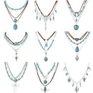 Boho Turquoise Layered Necklace Set 9 Pcs Western Cowgirl Jewelry with Cactus & Heart Pendants