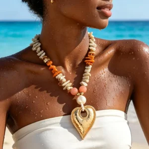 Boho Two Tone Orange Beaded Necklace Oversized Braided Gold Hollow Heart Pendant Baroque Pearl Necklace