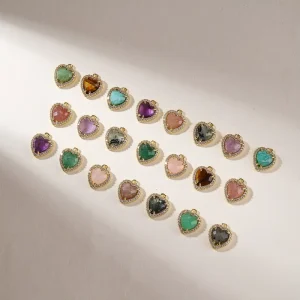 Boho Vintage Style Heart Shape Natural Stone Pendant 18K Gold Plated With Sparkling Rhinestones For Handmade DIY