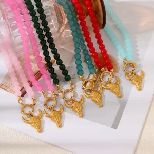 Boho Western Multicolor Beaded Choker Necklace with Gold Bull Skull Charm Cowgirl Statement Jewelry