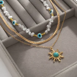 Boho Women Multi Layer Necklace Baroque Pearl Turquoise Sun Pendant 316L Stainless Steel Gold Plated Stack Chain Jewelry