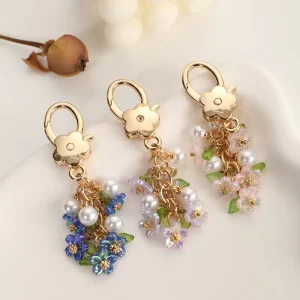 Boho Zinc Alloy UV Printed Colorful Flower Pearl Beaded Keychain Fish Mouth Clasp Luxury Charm Universal Decor Bag Phone Gift