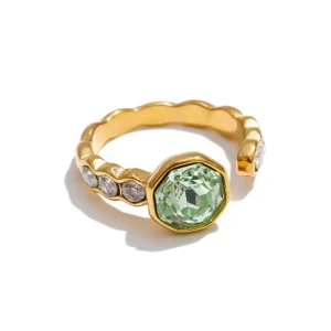 Bold Octagon Crystal Statement Ring Stainless Steel Gold Cubic Zirconia Side Stone Ring