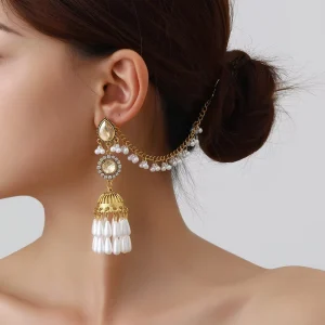 Bollywood Indian With Ear Chain Traditional Ethnic Crystal Pearl Tassel Gold Plated Bridal Dangle Earrings